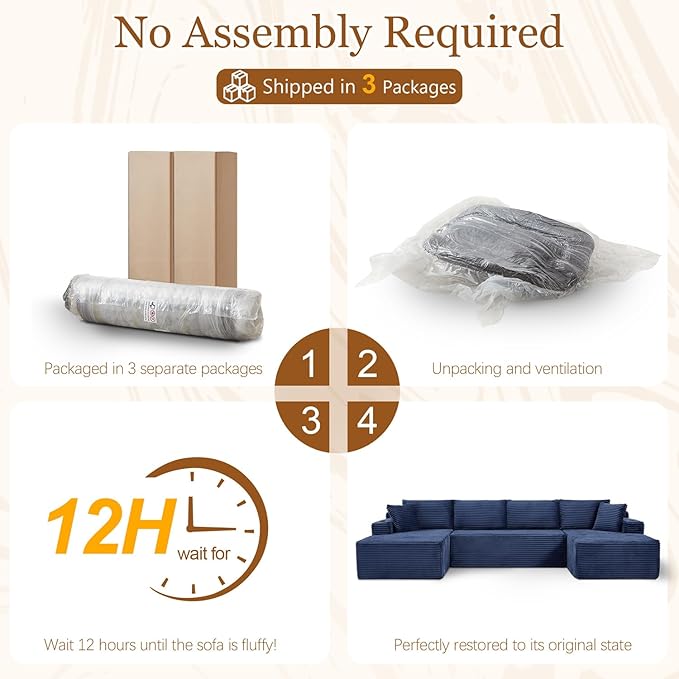 125" Modular Sectional Sleeper Sofa, Boneless Cloud Couch for Living Room, U Shaped 5 Seat Sofa with 2 Storage Pockets& 2 Cup Holders, Free Combination, No Assembly Required (Blue, 125")