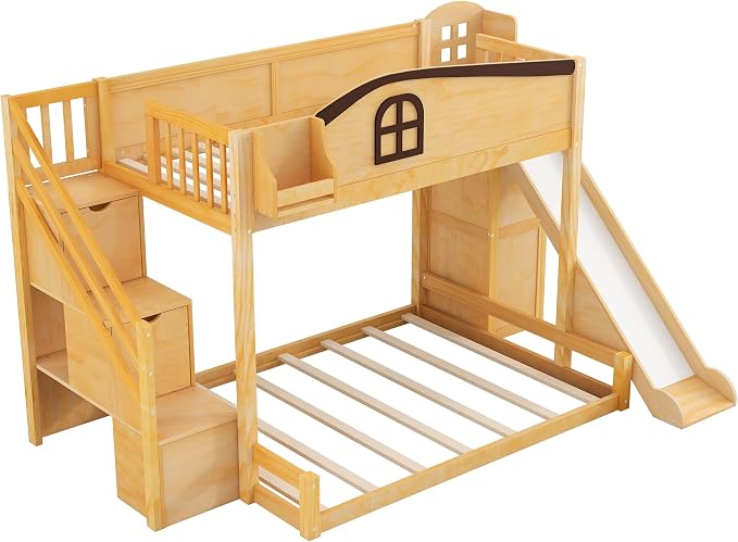 RUNNA Twin Over Full Bunk Bed with Slide,Storage Stairs,Shelf | Twin over full bunk bed with slide, storage stairs, overhead shelf, solid wood, guardrails, no box spring needed