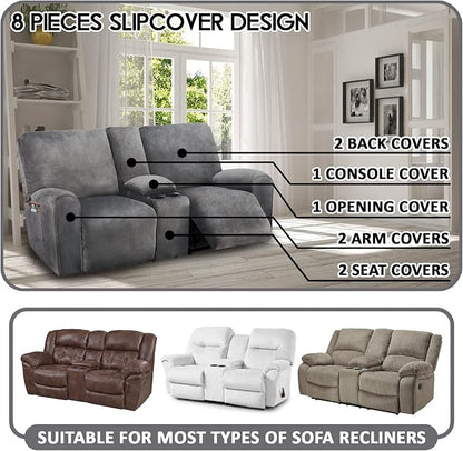 ULTICOR Reclining Loveseat with Middle Console Slipcover, 8-Piece Velvet Stretch Sofa Covers, 2 seat Loveseat Recliner Cover, Thick, Soft, Washable(Dark Grey)