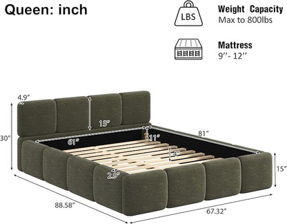 Merax Queen Size Boucle Platform Bed with Thick Headboard and Footboard, Block Style Upholstery Grounded Bed Frame, Green