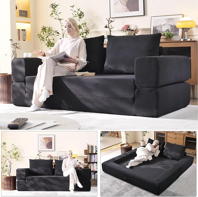 WHGBJA 79'' Convertible Sleeper Sofa Bed, 3-in-1 Foldable Floor Couch with Corduroy Upholstery, No Assembly Loveseat, Light Brown Lounge Mattress for Living Room, Studio, Guest Room (Black)