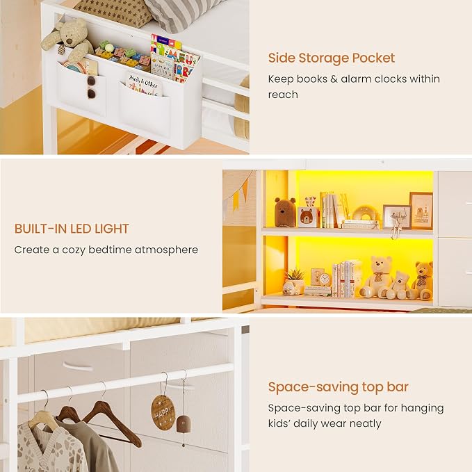 Full Over Twin Bunk Bed with 6 Drawers, Metal Frame Bunk Bed with LED Lights, Convertible Storage Bunk Bed with Extra-High Guardrails & Non-Slip Ladder, 2-Way Installation,for Teens, White