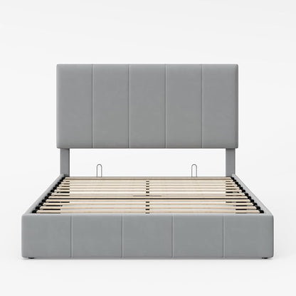 Allewie Queen Size Velvet Lift Up Storage Bed Frame, Vertical Channel Tufted Headboard, Hydrualic Underneath Storage, Upholstered Platform Bed, Wooden Slats Support, No Box Spring Needed, Gray