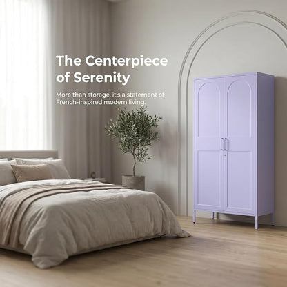 67 Inch Lockable Lavender Purple Metal Storage Wardrobe, French Retro Arched Door Steel Closet with Hanging Rod & Adjustable Shelves for Bedroom Office Size：67" H x 31.5" W x 18.1" D