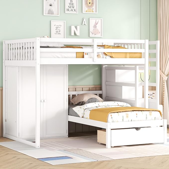 Ball & Cast Full Over Twin Bunk Bed with Safty Guardrail & Storage Stair,Wood Loft Bedframe W/Wardrobe & Drawers,Space-Saving Design,Easy Assembly,Versatile Furniture for Boy Girl Teen Bedroom,White