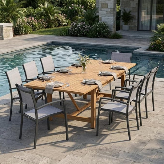 Amazonia Franklin 9-Piece Teak Finish Wood and Aluminum Rectangular Extendable Patio Dining Set | Ideal for Outdoors and Indoors
