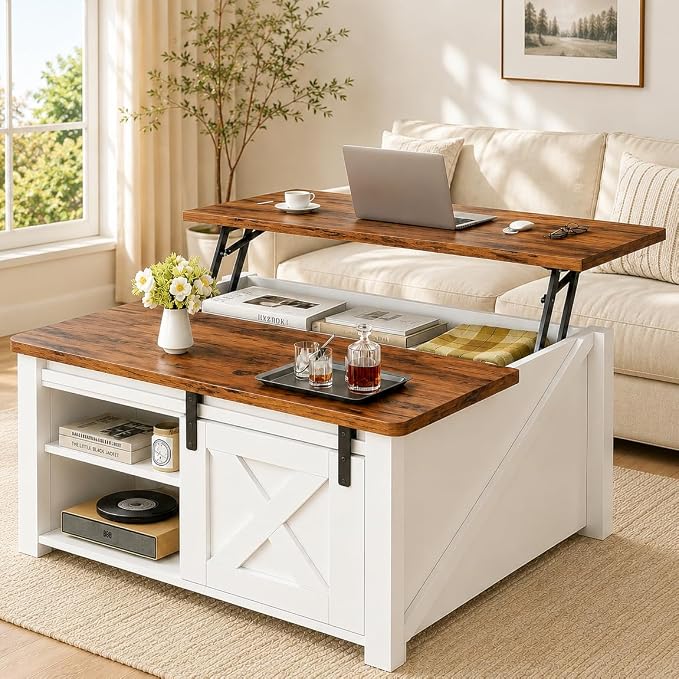 Simple Deluxe Lift Top Coffee Table with Storage, Farmhouse Coffee Table for Living Room, Coffee Tables with Hidden Storage, Coffee Tables with Lifting Top Center Table for Living Room(White)