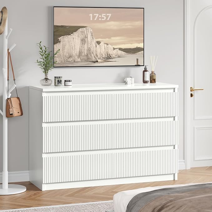 Jocoevol 6 Drawer Fluted Dresser, Modern Chest of Drawers for Bedroom with Hidden Handles, Wood Storage Organizer Cabinet for Living Room & Entryway, White (15.7" D x 47.3" W x 31.6" H)