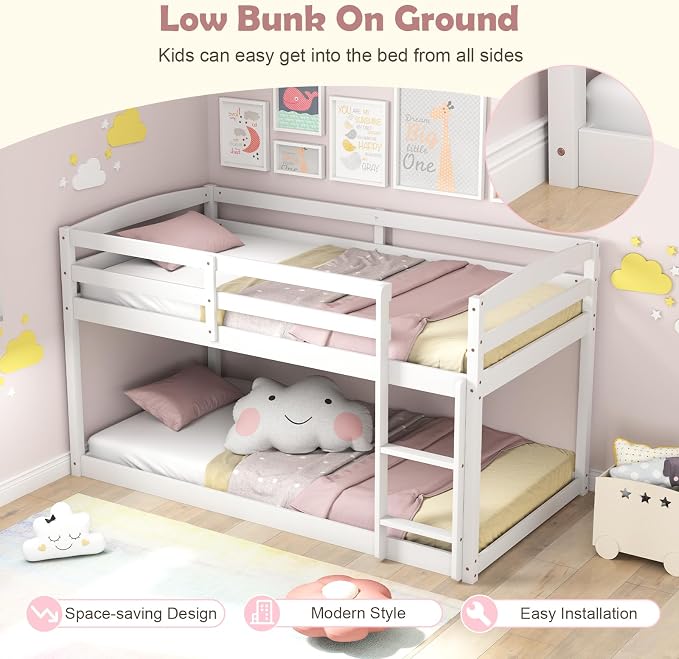MAT EXPERT Bunk Bed Twin Over Twin, Low Wood Bunk Bed Frame w/Safety Guardrails, Ladder & Slats, Floor Platform Twin Bunk Beds for Kids Toddlers Teens, for Dorm Bedroom, No Box Spring Needed (White)