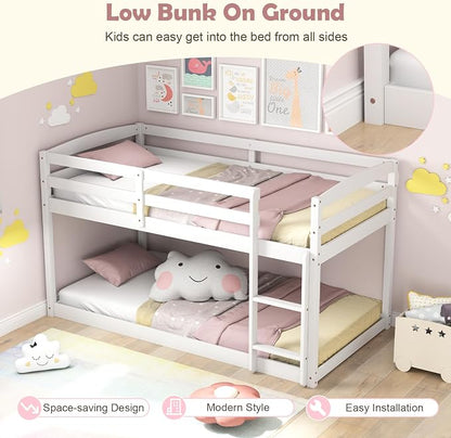 MAT EXPERT Bunk Bed Twin Over Twin, Low Wood Bunk Bed Frame w/Safety Guardrails, Ladder & Slats, Floor Platform Twin Bunk Beds for Kids Toddlers Teens, for Dorm Bedroom, No Box Spring Needed (White)