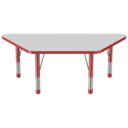 FDP Trapezoid Activity School and Classroom Kids Table (30 x 60 inch), Chunky Toddler Legs for Collaborative Seating Environments, Adjustable Height 15-24 inches - Gray Top and Red Edge