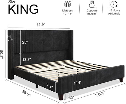 HOWE King Size Bed Frame with 50.8 Inch Corduroy Wingback Headboard, Black | Modern Upholstered Platform Bed, Solid Wood Slats, No Box Spring Needed, Noise-Reducing Design