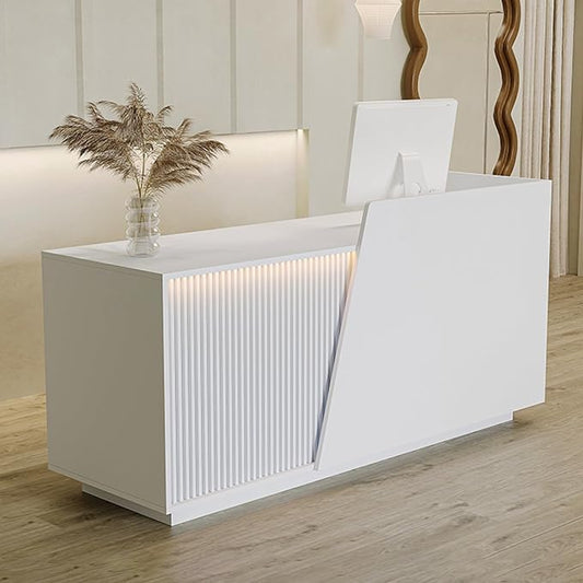 Reception Desk with Counter, Modern Reception Desk with Drawers & 2 Storage Cabinets & 3 Storage Compartments, Front Desks Reception Counter for Salon/Office/Store (White-Left, 63inch/160cm)