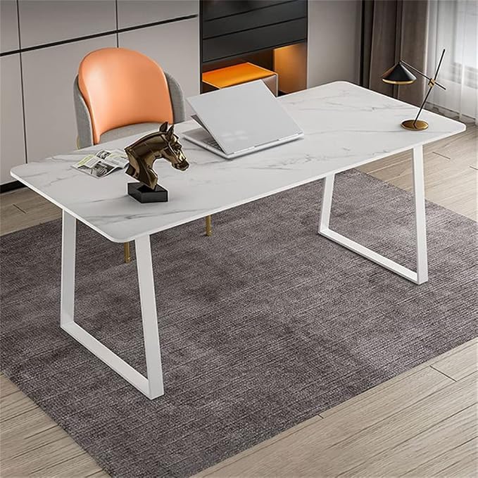 LAKIQ Modern Stone Writing Desk Home Office Working Table Desktop Computer Desk Home Writing Table-Table Only(White-Gold,55.1" L x 31.5" W x 29.5" H)