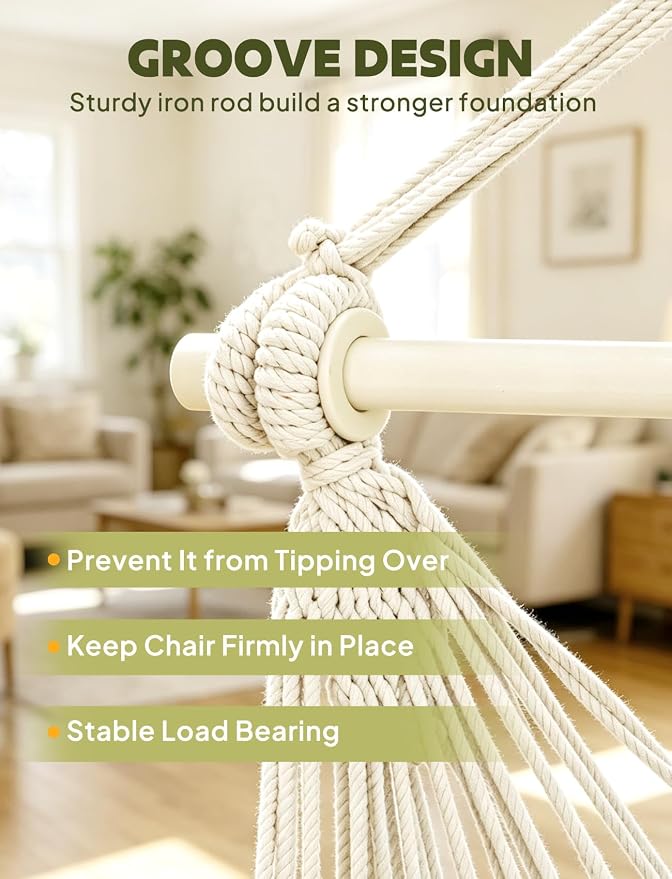 Chihee Hammock Chair 4.9ft x 3.9ft Max 500 Lbs Widen Hanging Swing 2 Cushions Included Metal Spreader Bar with Anti-Slip Grooves Portable Comfy Hanging Chair Side Pocket Bohemian Chair Indoor Outdoor