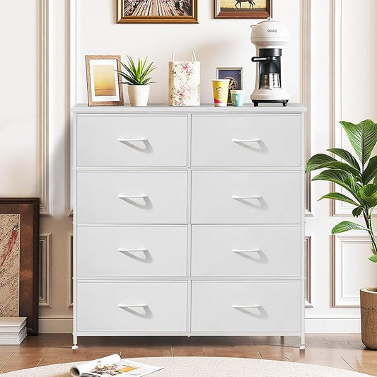8-Drawer Dresser for Bedroom, Anti-Tip Tall Storage Organizer Chest of Drawers with Wooden Top and Metal Frame Fabric Bins for Closet, Living Room, Hallway, Entryway, White