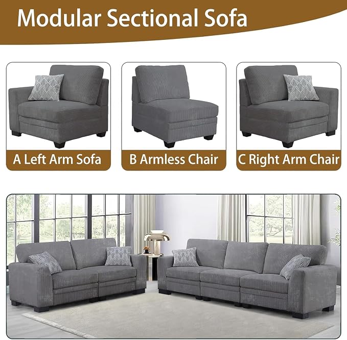 Legend Vansen Oversized Modular Sectional Sofa,U/L-Shaped Corduroy Couch with Ottoman,Deep Seat & Removable Cushion,Easy Assembly for Living Room Apartment,5 Seater,Grey