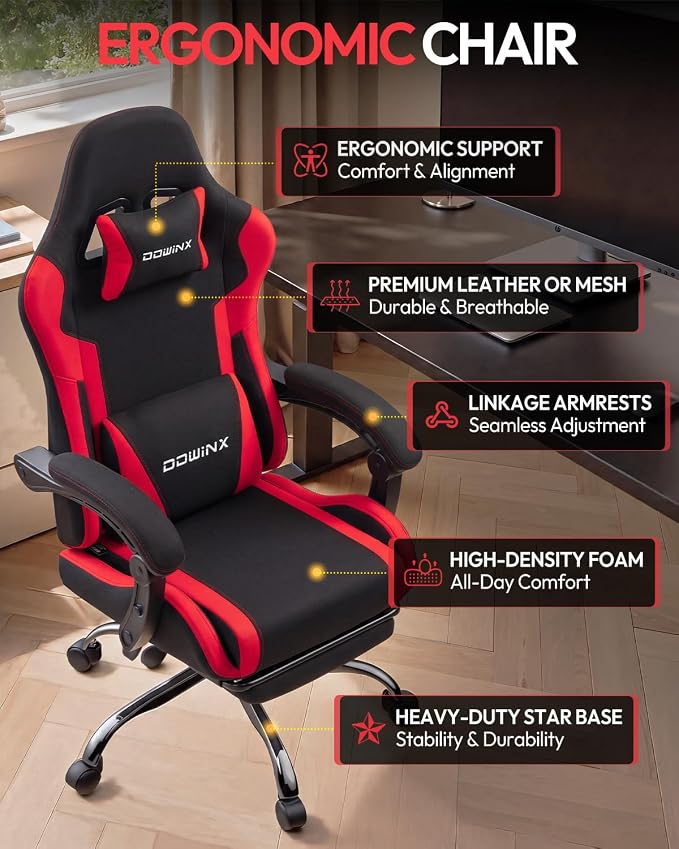 Dowinx Ergonomic Gaming Chair with Footrest & Massage Lumbar, 2D-Linkage Armrests for Computer Chair 330lbs with Headrest Pillow for Office, Home, Streaming and Long Gaming Sessions, Fabric Dark Red