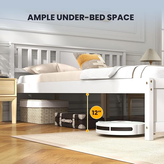 Giantex Queen Size Solid Wood Platform Bed Frame, Mid Century Queen Bed Frame with Headboard, Wooden Slat Support, Queen Panel Bed, No Box Spring Needed, Easy Assembly, White