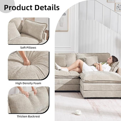 GNIXUU Modular Sectional Sofa, 111.5“ Chenille L Shaped Cloud Sectional Couch with Movable Ottoman & Deep Seat, 4 Seat Couches with 5 Pillows for Living Room, Apartment, Office, Camel