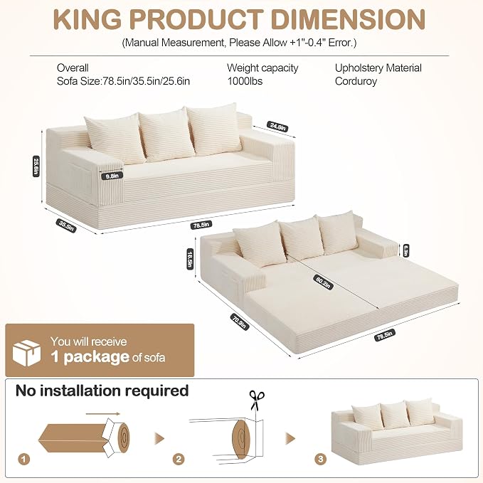 78.5” Convertible Sofa Bed,Corduroy 3 Seater Boneless Couch Bed Futon,Fold Out Couch with 3 Pillows,Loveseat Sleeper with Pull Out Bed for Living Room, Guest,Bedroom,Beige