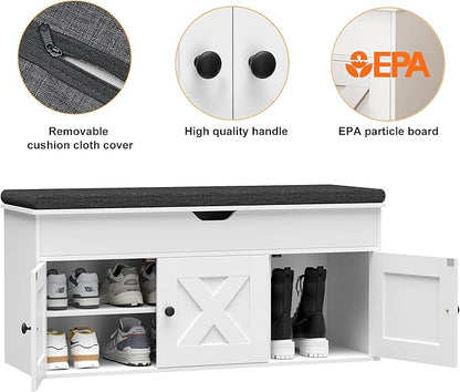 Homleke Shoe Storage Bench with Lift Top & 3 Barn Doors, Entryway Bench with Removable Cushion, Adjustable Shelf, Hidden Storage Cabinet for Hallway, Living Room, Bedroom - White