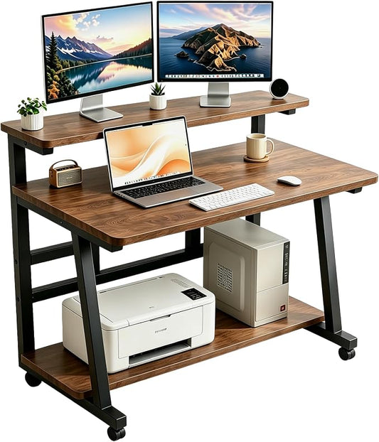 31.5 Inch Compact Rolling Computer Desk with Tier Worktable & Lockable Wheels, Small Computer Desk, Small Desk for Bedroom, Mobile Writing Workstation Easy Assembly for Home Office Small Spaces