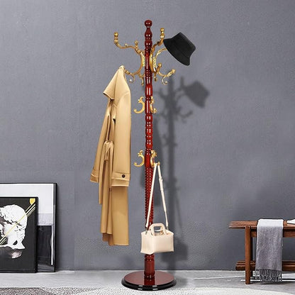 Coat Racks Free Standing with 14 Hooks, Natural Wood Coat Rack with Solid Round Base, Adjustable Height Coat Racks, Easy Assembly for Hallway, Bedroom and Office (Begonia color)