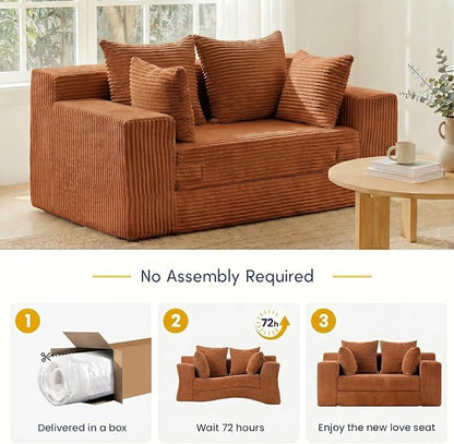 cidludto Convertible Sofa Bed, Boneless Couch 2 in 1 Loveseat Folding Couch Bed Foldable, Chair Bed & Futon Sofa Bed, Small Corduroy Pull Out Sofa with 4 Pillows for Living Room, Orange
