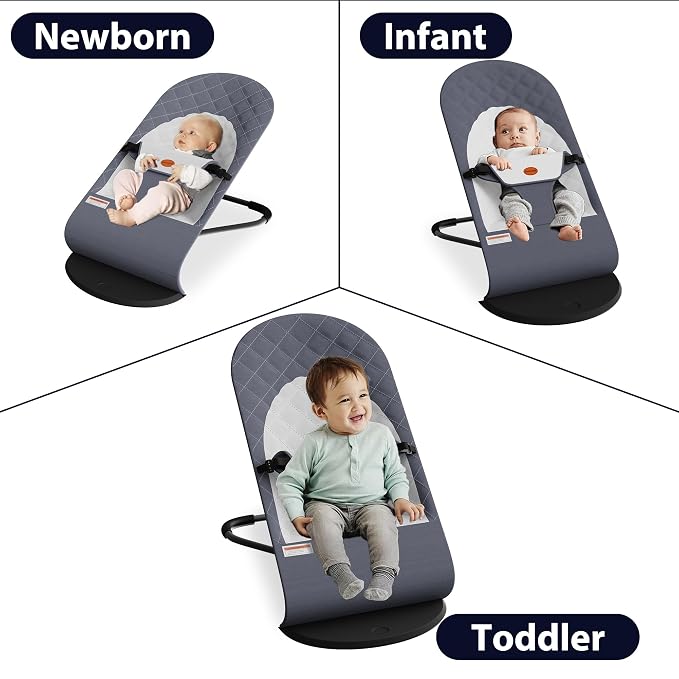 Portable Baby Bouncer Seat for Infants, 0-18 Months, 3 Modes of Use with Rocker & Stationary Options, Ergonomic Infant Chair with Hanging Toys – Grey