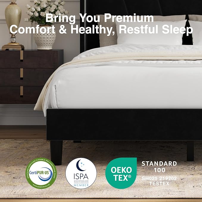 Novilla Queen Size Bed Frame, Queen Bed Frame with Headboard, Velvet Upholstered Wing Side Headboard, No Box Spring Needed, Heavy Duty Feet, Easy Assembly, Black Velvet