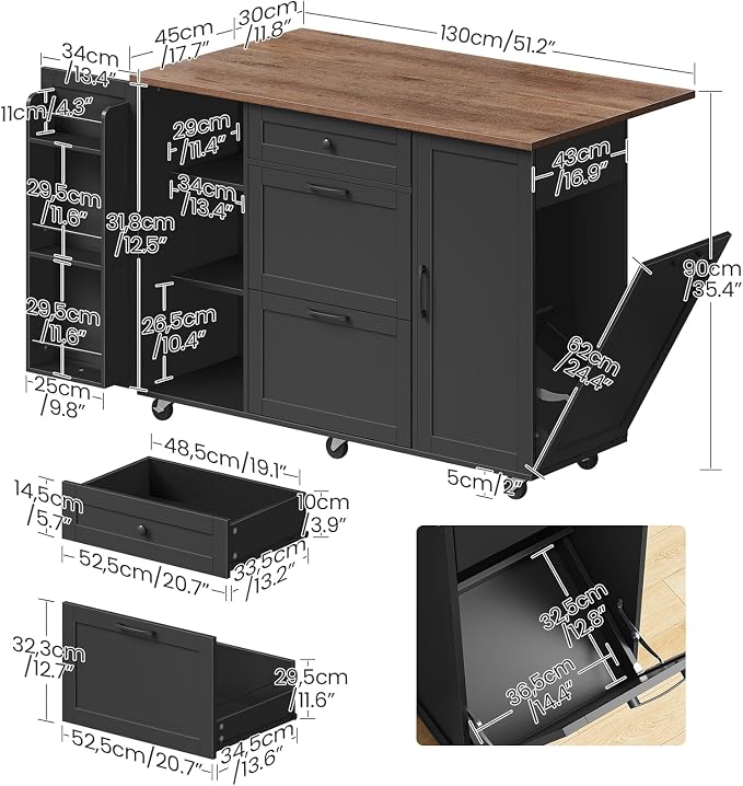CHOEZON Kitchen Island with Trash Can Cabinet, Drop-Leaf Tabletop & 6 Wheels, 51.2-Inch Rolling Kitchen Cart with Fridge Shelf, Drawers & Adjustable Shelves, Farmhouse Style, Black and Walnut MZD07BL
