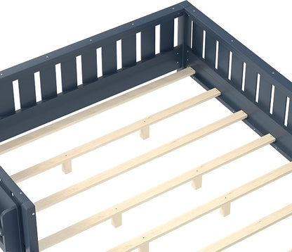 Bellemave Queen Size Floor Bed with Slats and Safety Guardrail, Queen Size Montessori Floor Bed with Fence and Built-in Bookshelf, Easy Assemble Montessori Beds for Girls, Boys, Blue