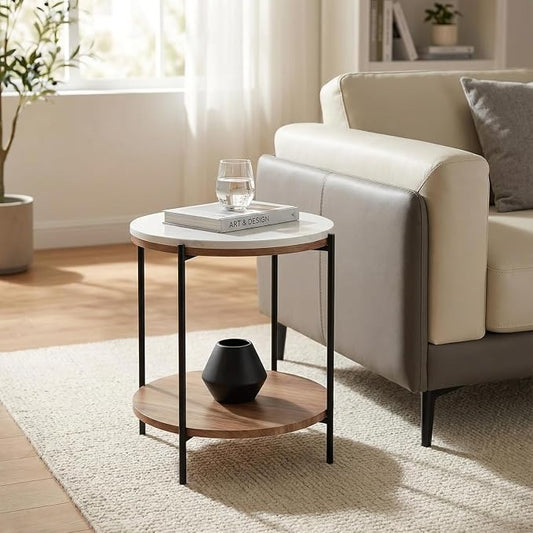 Lyra Round Marble End Table – Solid Acacia Wood Shelf, Open Storage Side Table for Living Room, Bedroom, Entryway, Small Spaces – Nightstand, Plant Stand, Modern Accent Table with Metal Frame