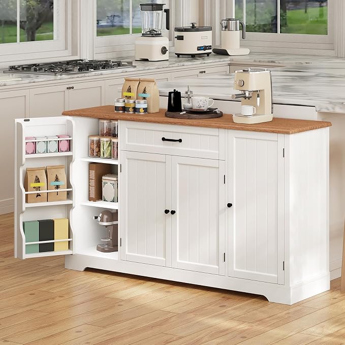 Gizoon 56" Kitchen Coffee Bar Cabinet with Storage Kitchen Sideboard Buffet Cabinet with Drawers, Short Pantry with Door and Shelves for Bathroom and Living Room, Painted White and Rustic