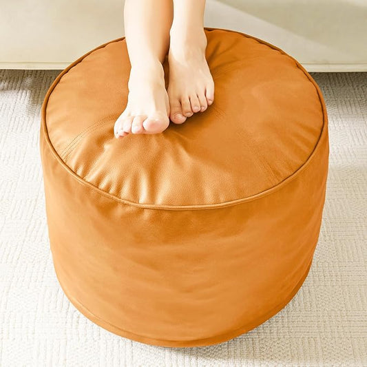 HIGOGOGO Round Stuffed Pouf Ottoman, Pu Leather Poufs with Foam Chunk Filling, Furry and Fluffy Pouf Foot Stool Storage Ottoman, 26 X 18 Floor Poufs Foot Rest for Living Room, Orange