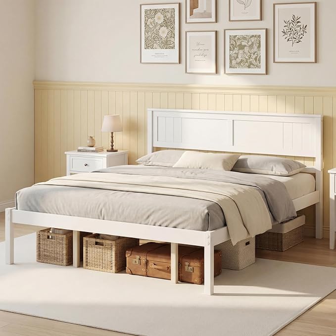Giantex Queen Wood Platform Bed Frame with Headboard, Mid Century Queen Bed Frame with Wood Slat Support, Solid Wood Foundation with 16" Under Bed Storage, No Box Spring Needed, Easy Assembly (White)