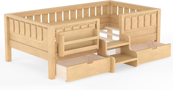 Bellemave Twin Size Kids Montessori Bed with Stairs and Bookshelf,Solid Wood Twin Size Kids Bed Frame with Drawers and Storage for Girls Boys,Low-Profile,Light Natural