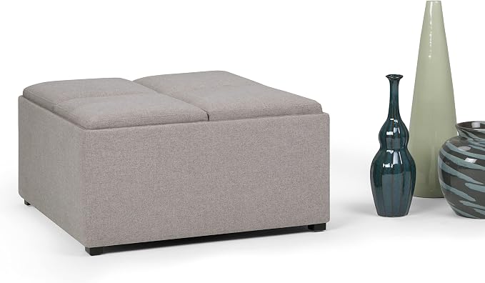 SIMPLIHOME Avalon Wide Contemporary Square Coffee Table Storage Ottoman, Cloud Grey, Table Ottoman