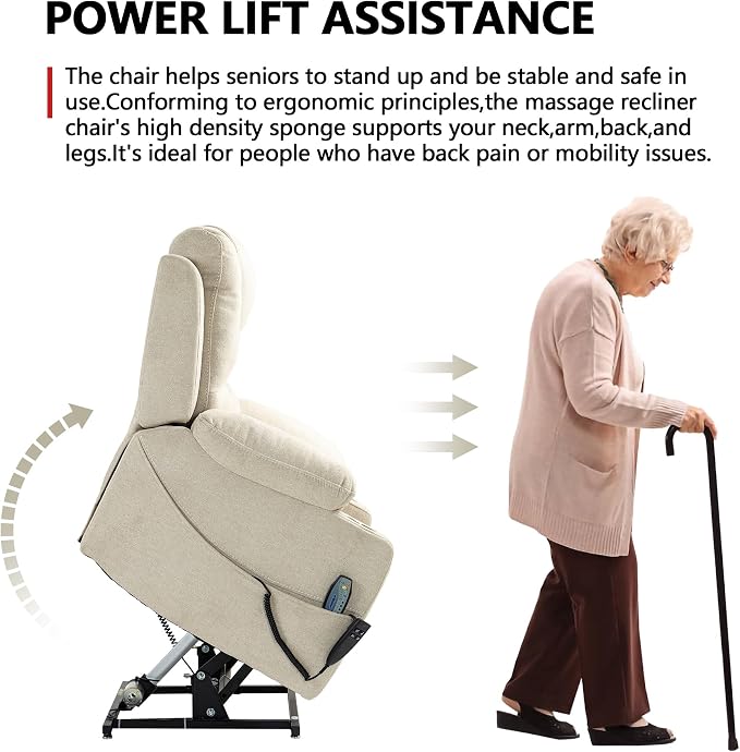 FUNECORP Large Power Lift Recliner Chair Sofa with Massage and Heat for Big and Tall Elderly,Infinite Positions,Dual Motor,Cup Holders,Extended Footrest,Velvet Home Theater Seat