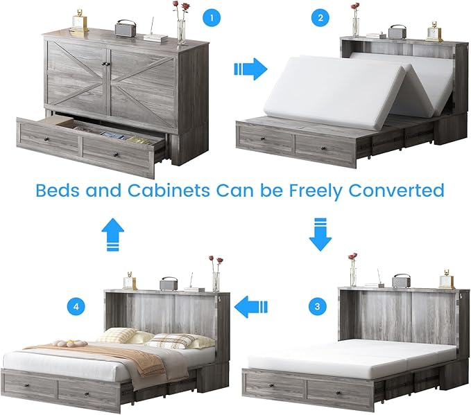 PUREMIND Queen Murphy Bed with Mattress Included, Multi-Functional Hideaway Cabinet Bed with Storage Drawer, USB Charging Port and Folding Bedside Panel, Space Saving Chest Beds Wallbed for Guest Room