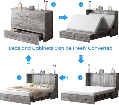 PUREMIND Queen Murphy Bed with Mattress Included, Multi-Functional Hideaway Cabinet Bed with Storage Drawer, USB Charging Port and Folding Bedside Panel, Space Saving Chest Beds Wallbed for Guest Room
