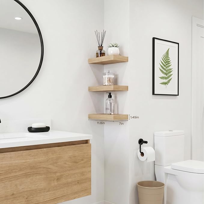 Oak Floating Shelves Set of 3,11.8 Inch Small Wall Shelves for Bathroom,Bedroom,Kitchen,Above Toilet Shelves
