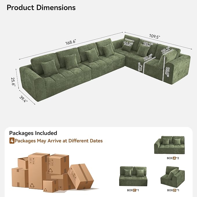 170''Modular Sectional Couches for Living Room, Cloud Boneless Compressed Sectional Sofa, Oversized L Shaped 7 Seater Upholstered Memory Foam Sofa, No Assembly, Chenille Green