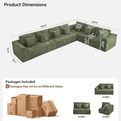 170''Modular Sectional Couches for Living Room, Cloud Boneless Compressed Sectional Sofa, Oversized L Shaped 7 Seater Upholstered Memory Foam Sofa, No Assembly, Chenille Green