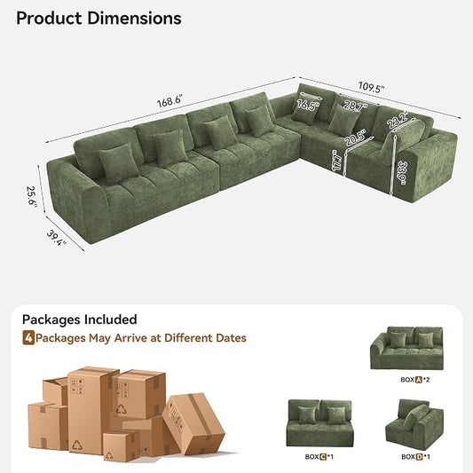170''Modular Sectional Couches for Living Room, Cloud Boneless Compressed Sectional Sofa, Oversized L Shaped 7 Seater Upholstered Memory Foam Sofa, No Assembly, Chenille Green