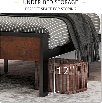 SHA CERLIN 14 Inch Full Size Metal Platform Bed Frame with Wooden Headboard and Footboard, Mattress Foundation, No Box Spring Needed, Large Under Bed Storage, Non-Slip Without Noise, Mahogany