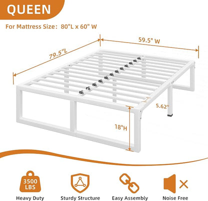 Queen Bed Frame, 18 Inch Metal Platform Bed Frames with Squeak Free U-Slot Design, 6 Non-Slip Guards, 3500lbs Heavy Duty Steel Slat Support, No Box Spring Needed, Under Bed Storage, White