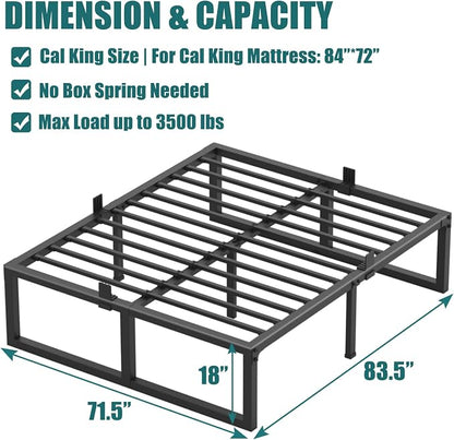 Yitong Angel California King Bed Frame, 18 Inch High 3500 lbs Metal Platform, Mattress Foundation with Steel Slat Support/No Box Spring Needed/Noise Free/Non-Slip/Easy Assembly