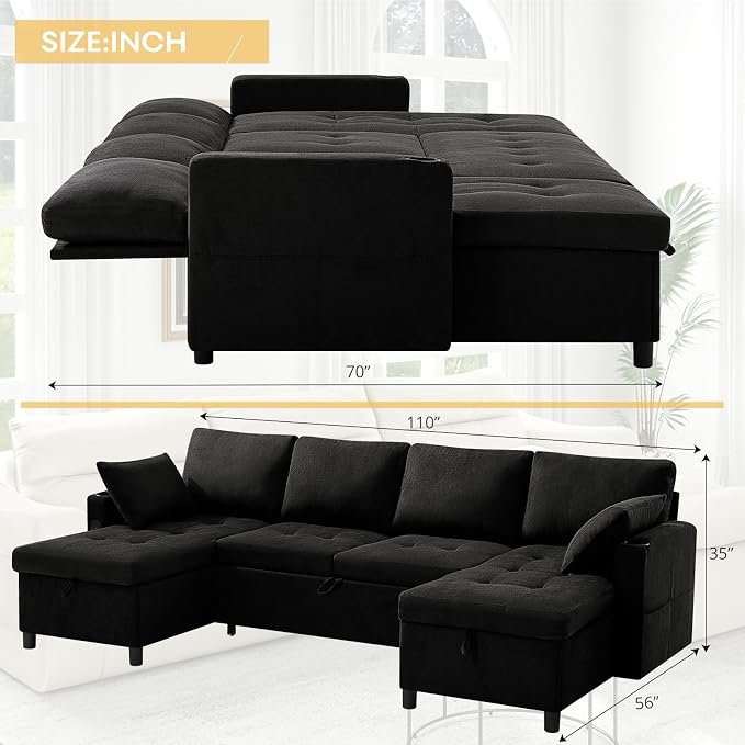 110" Fabric Pull-Out Couch Bed w/Adjustable Backrests, Black | Sectional Sleeper Sofa w/USB Ports & 2 Cup Holders, Upholstered U-Shaped Couch w/Storage Chaise for Living Room, House